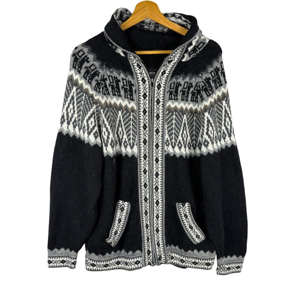 Artesania Los Andes Women Hood Zip 100% Alpaca Sweater M-L Fair Isle Ethnic Folk